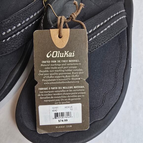 Olukai Hokua Mens Size 9 Sandals Leather Beach Flip Flops Black Dark Shadow - Picture 2 of 4